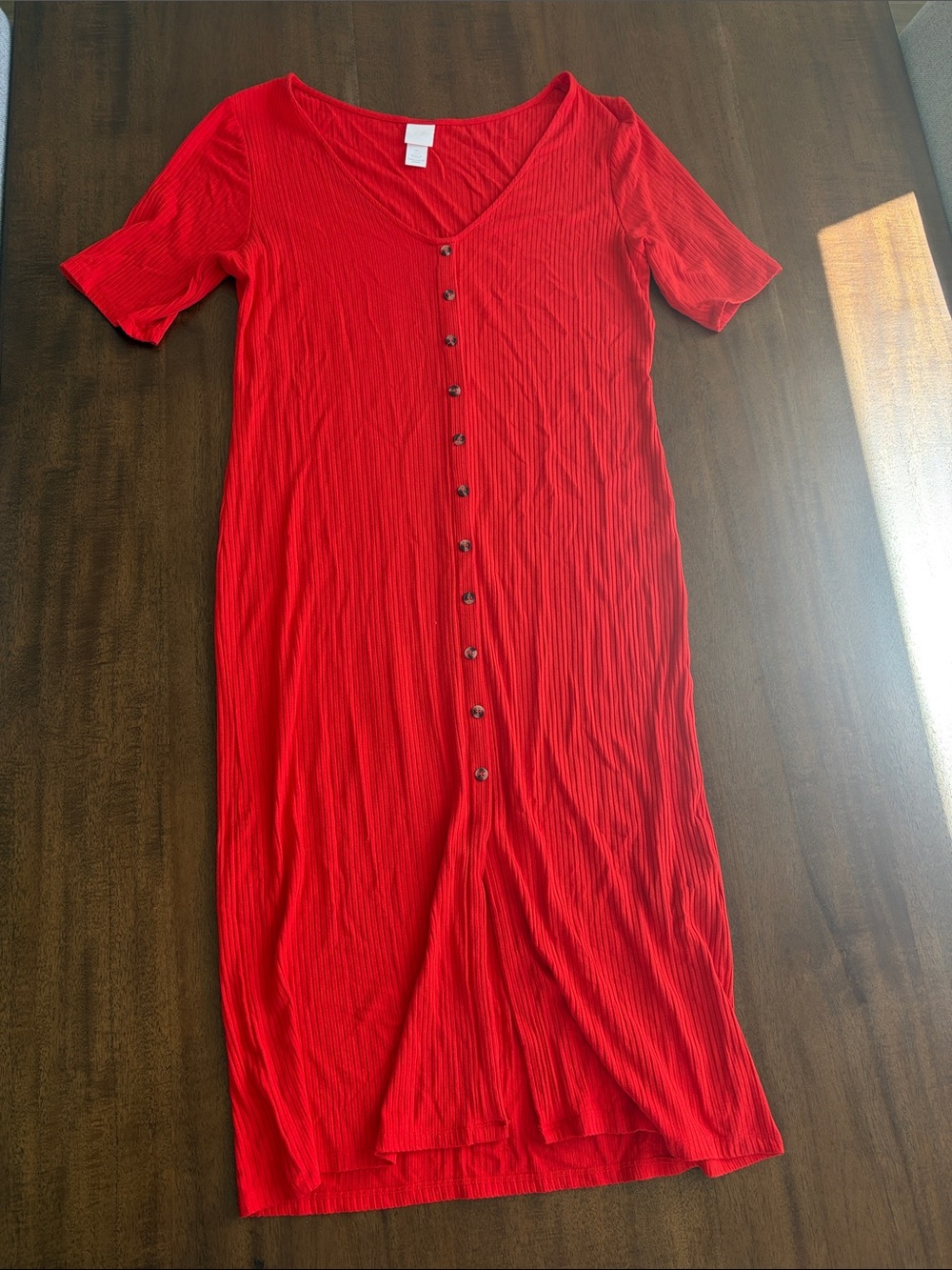 H&M Bright Red Button-Down Ribbed Midi Dress
